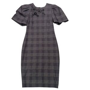 Calvin Klein Plaid Dress Puff Sleeve Embroidered Sz2 Quiet Luxury‎ Dark Academia